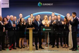 Stamatis Tsantanis, Chairman & Chief Executive Officer of Seanergy Maritime Holdings Corp., and members of the Seanergy team rang the bell during a ceremony this morning to celebrate the listing of the company's inaugural €100 million corporate bond on Euronext Athens.