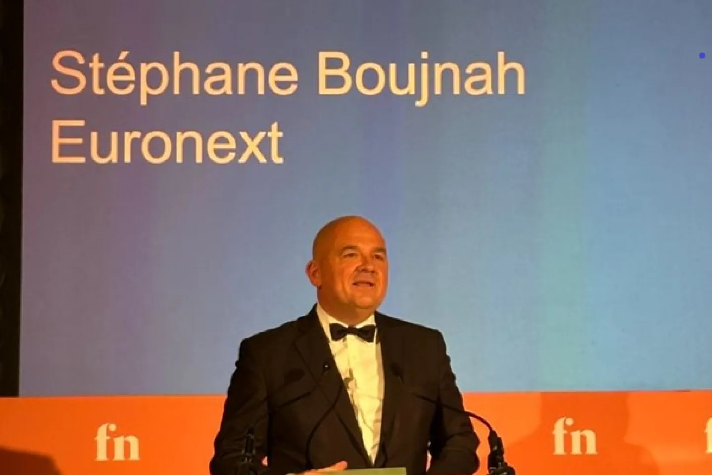 Euronext CEO Stephane Boujnah speaking at awards ceremony