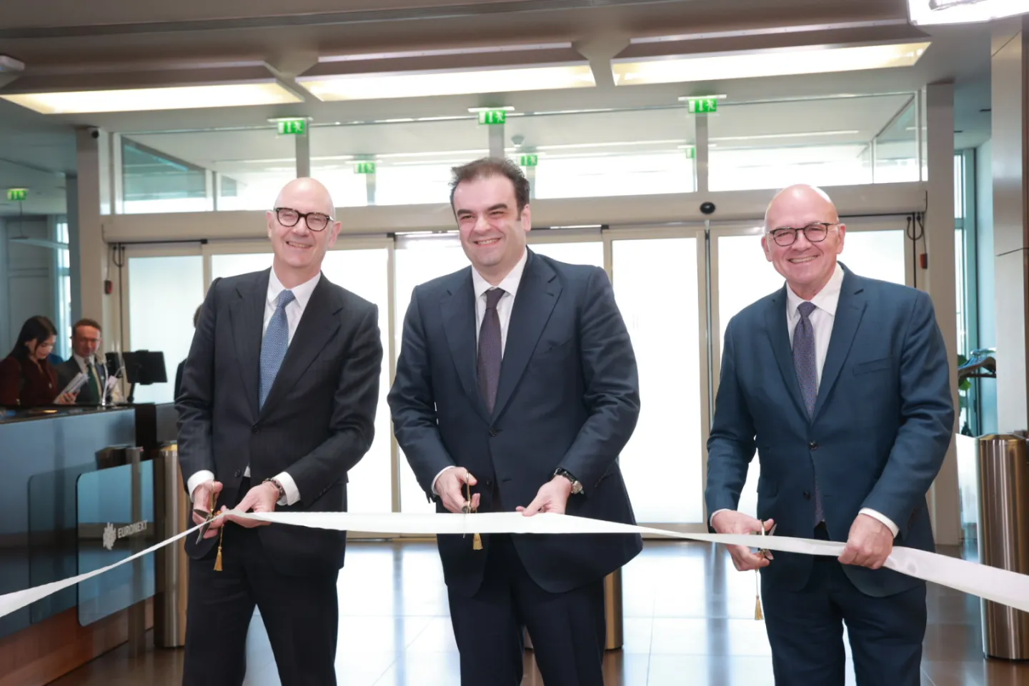 Roland Lescure, French Minister of Economy, Finance, Industrial, Energy and Digital Sovereignty, Kyriakos Pierrakakis, Greek Minister of Economy and Finance and President of the Eurogroup, alongside Stéphane Boujnah, Chief Executive Officer and Chairman of the Managing Board of Euronext