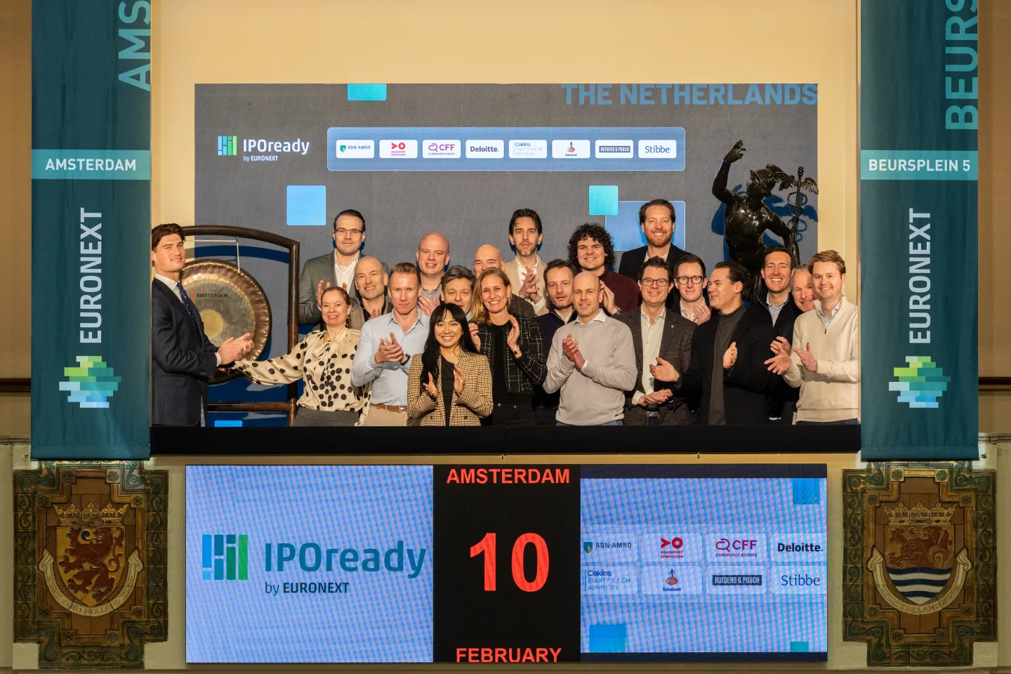Euronext representatives and associates sound the gong for the Kickoff for IPOReady in The Netherlands