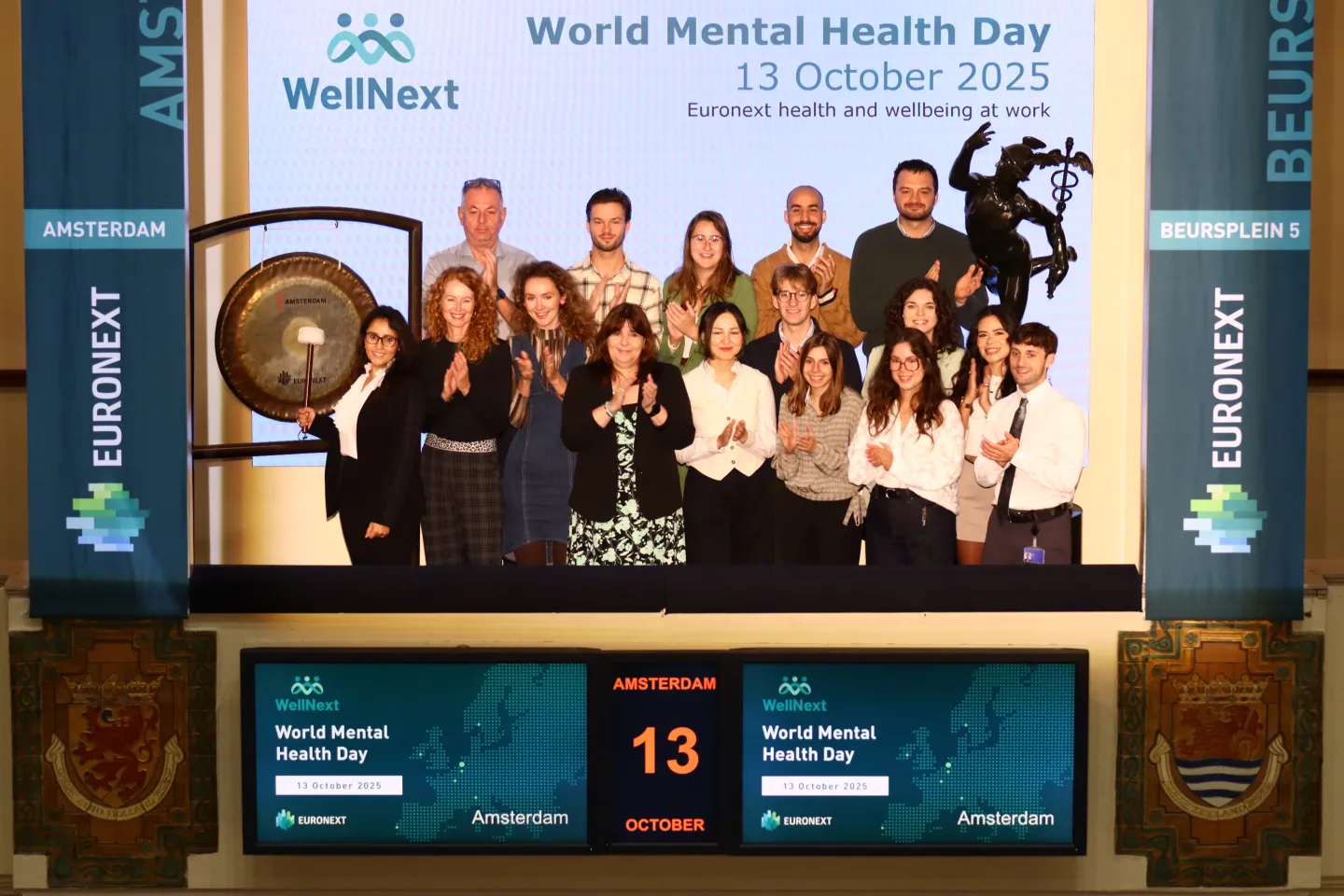 Euronext Employees celebrate the World Mental Health Day with a gong ceremonie at the Amsterdam stock exchange