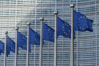 European union flags in a row 