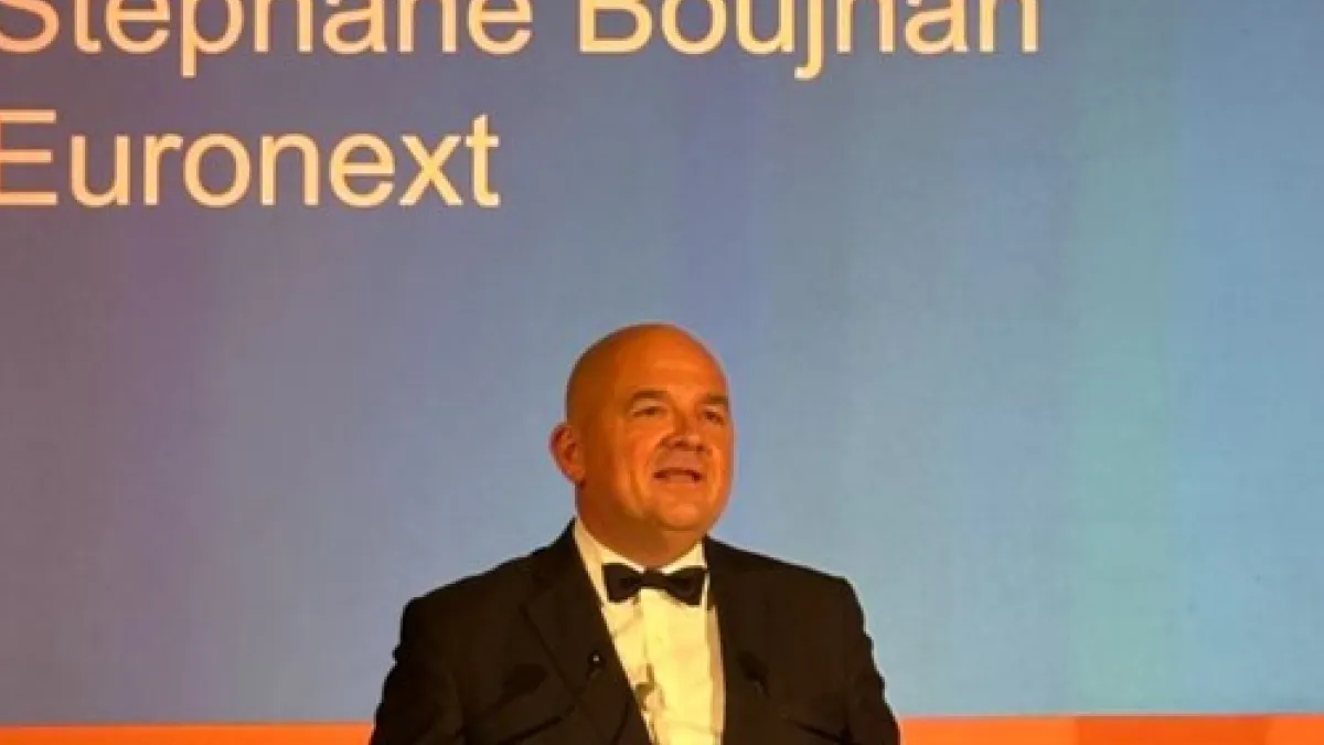 Euronext CEO Stephane Boujnah speaking at awards ceremony