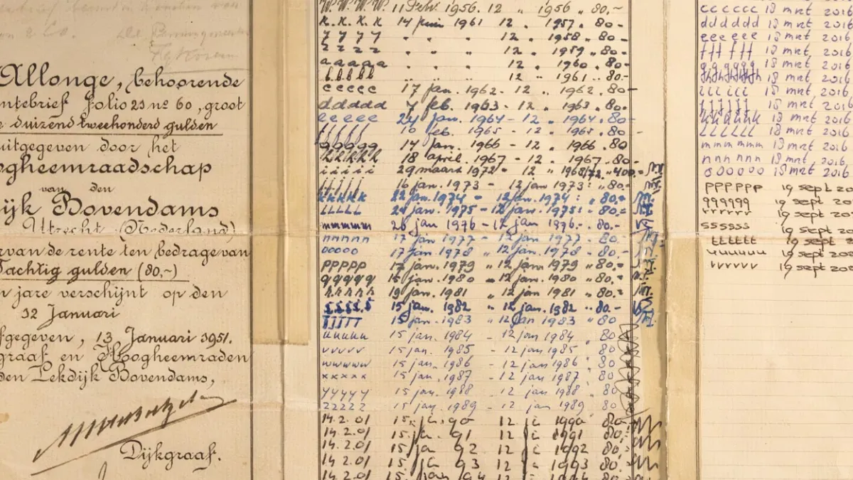 historische rente-uitkering op eeuwigdurende Lekdijk Bovendams obligaties uit 1638 en 1765